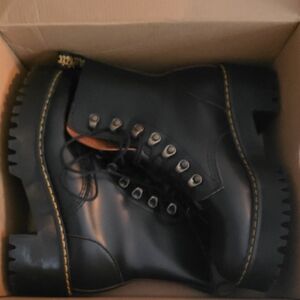 Dr. Martens Black Leather Combat Boots with Yellow Stitching